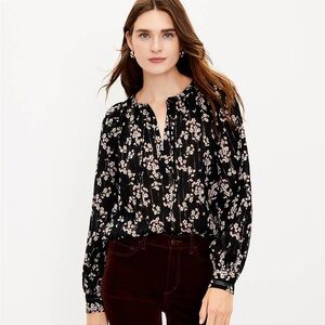 LOFT Shimmer Floral Neck Tie Blouse Librarian Dark Academia Whimsigoth Sheer S